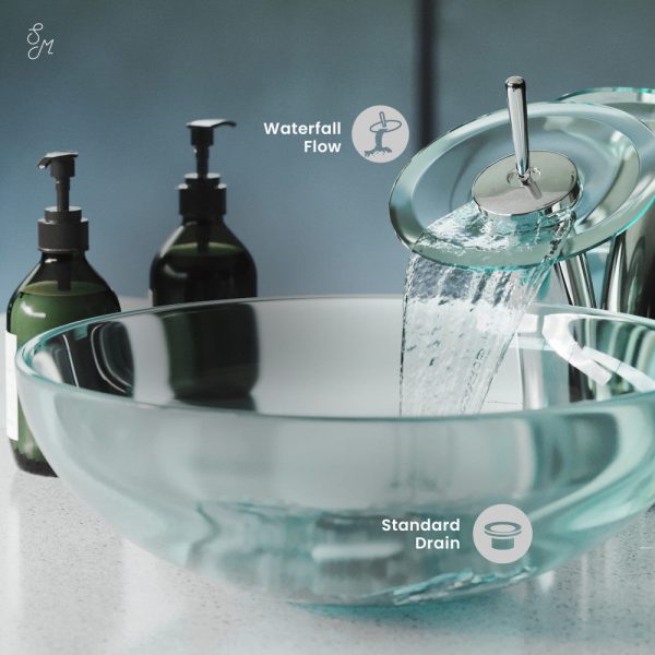 Cascade 16.5 Glass Vessel Sink with Faucet, Clear For Discount - Image 4