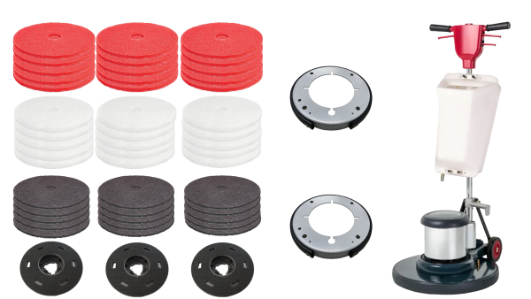 Floor Buffer Package | 20  Dual Speed | Includes 13  and 17  Deck Conversion Kits | 45 Floor Pads | Pad Drivers | Solution Tank Fashion